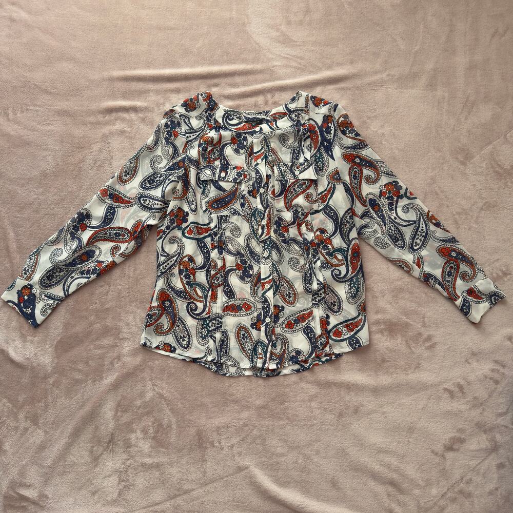 Ann Taylor Petite Paisley Print Blouse Size M Navy Red White Button Front Top